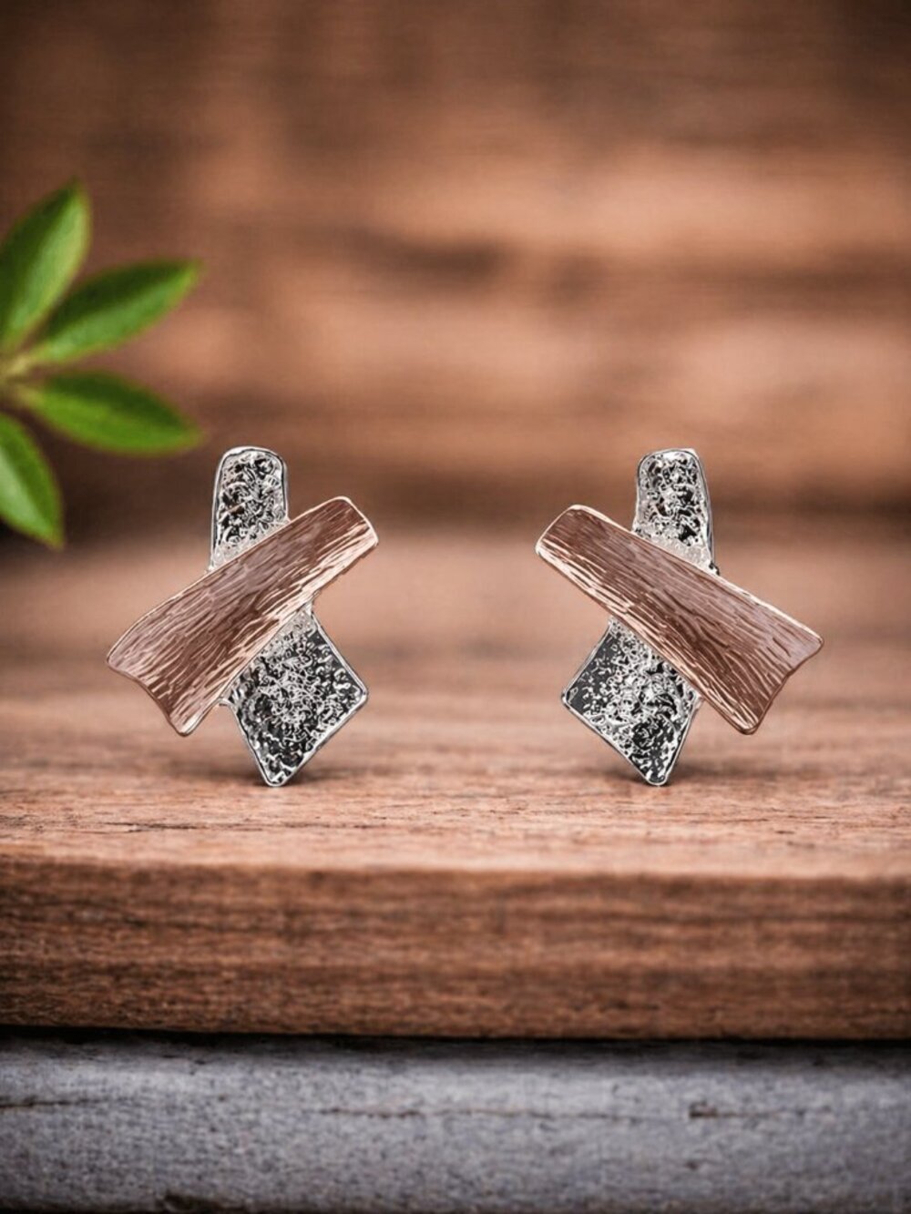 Modern Two-Tone Silver and Rose Gold Post Earrings - Picture 3 of 5